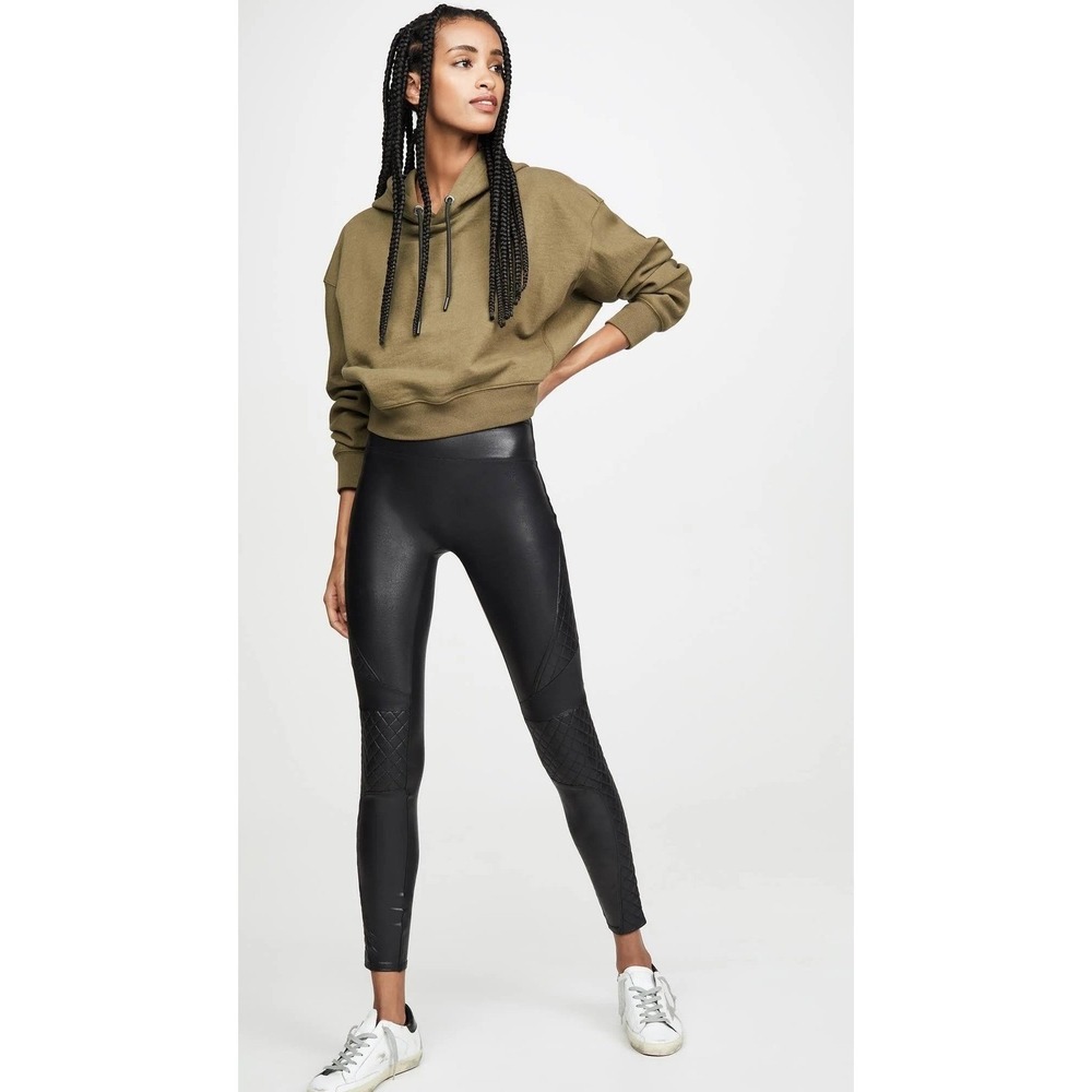 SPANX Faux Leather Quilted Moto Leggings Small Black High Waist